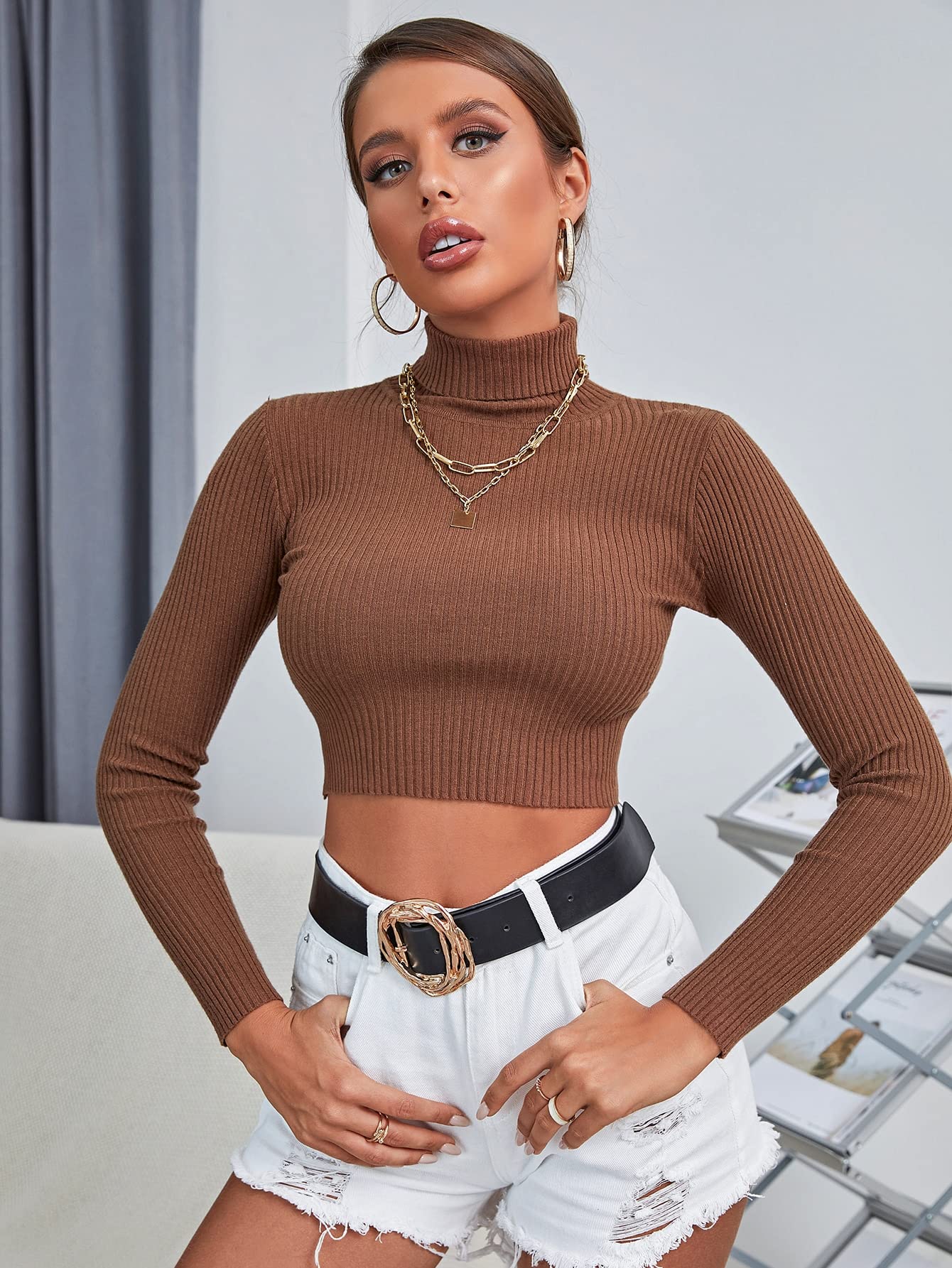 Amazon.com: Solid High Neck Rib Knit Crop Sweater (Color : Coffee